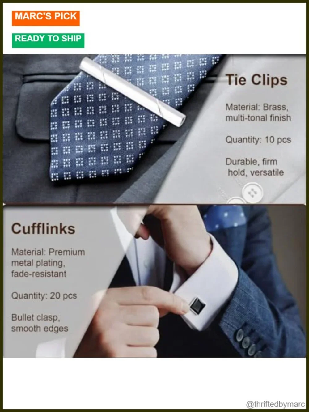 30 Pcs Cufflinks and Tie Clip Set - Brass Cuff Links Necktie Bar Clips for